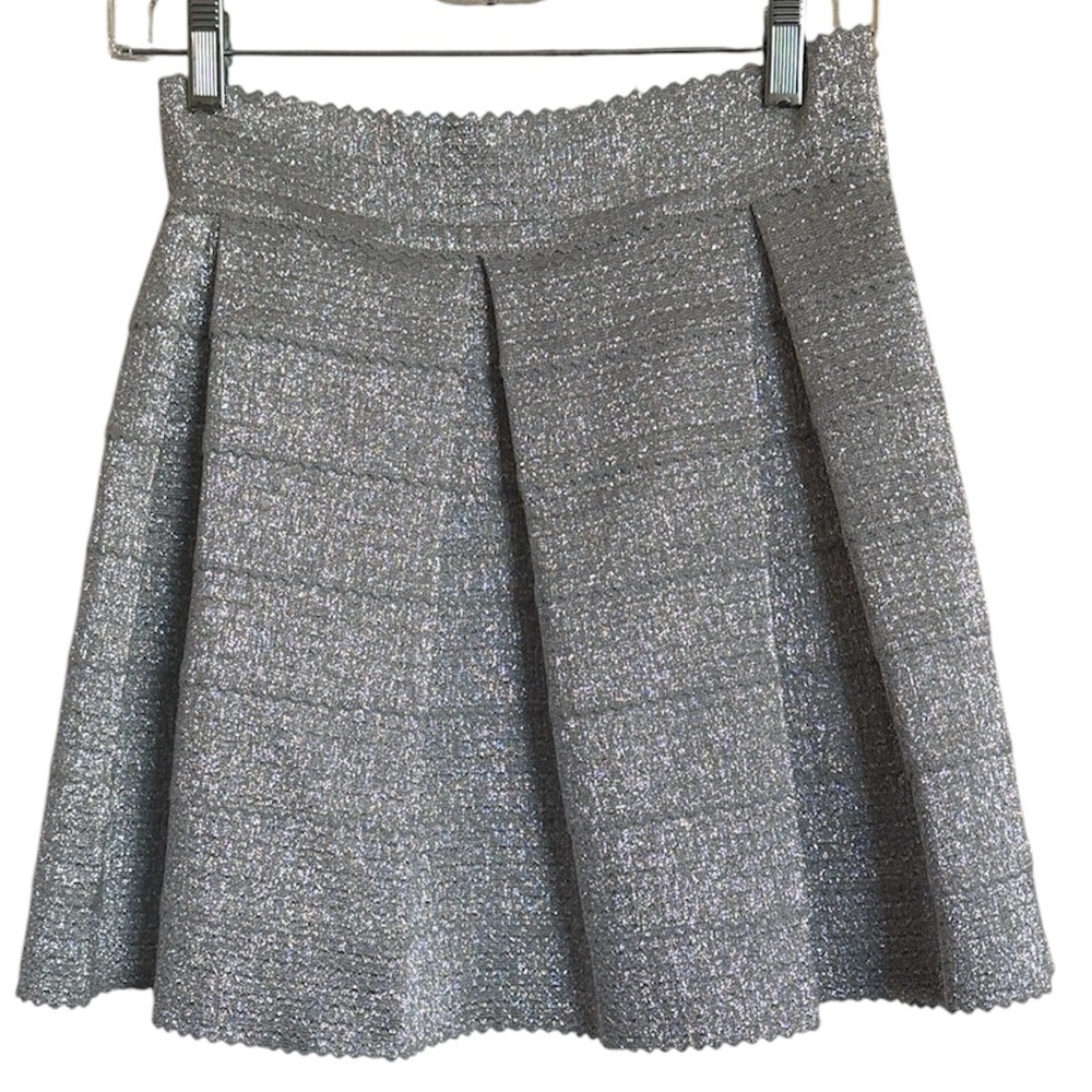 PARKER Women's Silver Sparkly Metallic A-Line Flare Scallop Mini Skirt Large
